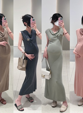 海德妈咪孕妇装法式简约优雅高级感莫兰迪色荡领显瘦无袖针织长裙