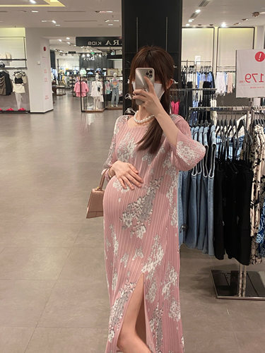HAIDE妈咪孕妇装夏宽松温柔粉色气质花卉国风中式开叉褶皱连衣裙