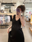 HAIDE妈咪孕妇装 优雅醋酸端面高级宽松褶皱小黑裙背心连衣裙 法式