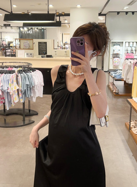 HAIDE妈咪孕妇装法式优雅醋酸端面高级宽松褶皱小黑裙背心连衣裙