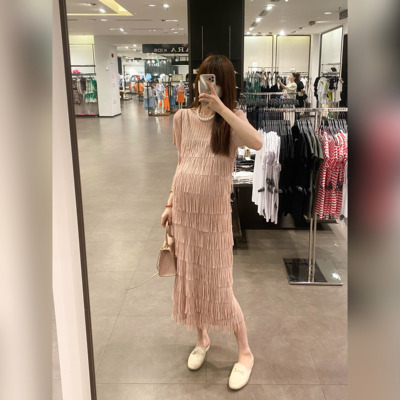 海德妈咪孕妇装褶皱风气质温柔显瘦流苏少女减龄蛋糕中长连衣裙