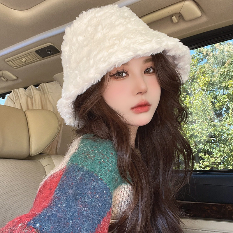 韩版秋冬季新款毛绒渔夫帽子女时尚保暖百搭纯色潮流显脸小盆帽