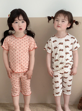 儿童无骨家居服套装女童夏装冰丝小碎花短袖七分裤宝宝睡衣空调服