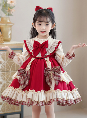 女童连衣裙秋冬款儿童新年红色喜庆中式洛丽塔公主裙宝宝周岁礼服