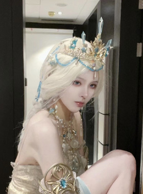 2025美人鱼公主Lolita皇冠王冠洛丽塔蓝色水钻发冠女王冠写真头饰