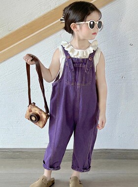 女童紫色牛仔背带裤2024春夏儿童百搭连体裤童裤女宝宝工装裤子潮