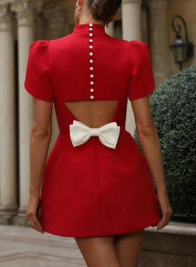 2025欧美新款半高领短袖红色连衣裙修身高腰蝴蝶结饰短裙