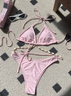 链条绑带分体泳衣素色三角包比基尼欧美ins纯欲风泳装度假bikini