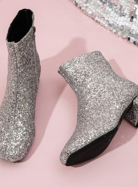 秋冬款大码圆头亮片粗跟女时尚靴子粉色全亮片可爱低筒女靴boots