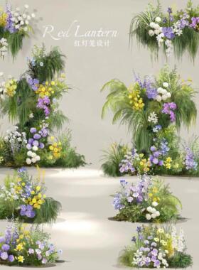 白绿粉紫黄蓝色的花艺素材psd室内户外韩式自然森系花艺婚礼效果