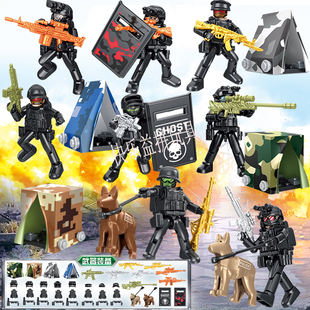 特警帐篷系列反恐战队可动积木人仔配武器盾牌男孩益智拼装玩具