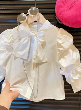 宝宝女童白色春秋装衬衫新款洋气长袖儿童打底衬衣蝴蝶结公主上衣