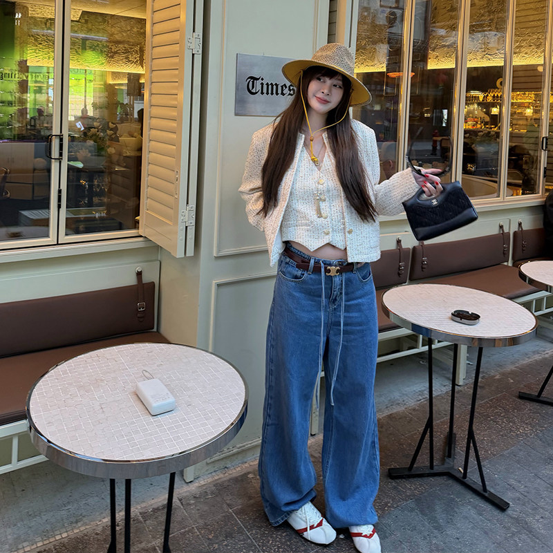 tingtings 蓝色冰丝牛仔裤女窄腰系带宽松阔腿裤复古薄款休闲裤子