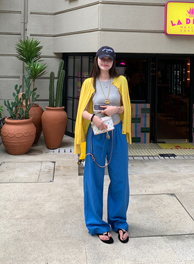 tingtings 蓝色宽松亚麻裤子女夏季薄款休闲阔腿裤慵懒拖地长裤