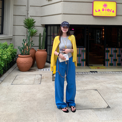 tingtings 蓝色宽松亚麻裤子女夏季薄款休闲阔腿裤慵懒拖地长裤