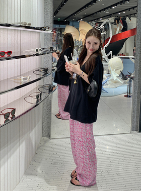 tingtings 韩国碎花粉色裤子女夏季新款阔腿裤宽松松弛好看休闲裤