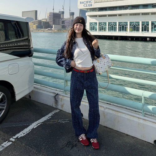 高级牛仔套装女衬衫外套直筒长裤