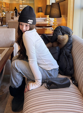 tingtings 白色修身德绒长袖t恤女秋冬新款内搭保暖打底衫上衣