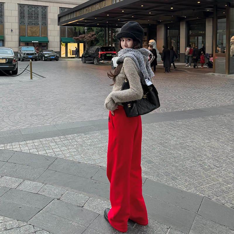 红色加绒运动裤女秋冬宽松长裤