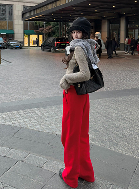 tingtings 红色加绒裤子运动裤女秋冬新款宽松卫裤长裤休闲阔腿裤