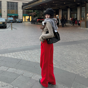 tingtings 红色加绒裤子运动裤女秋冬新款宽松卫裤长裤休闲阔腿裤