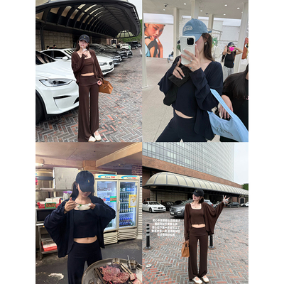 tingtings 咖色懒人针织套装女夏薄款防晒宽松开衫背心长裤三件套