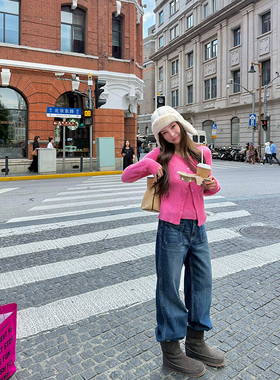 tingtings 蓝色复古牛仔裤女秋季新款四面弹微喇裤子宽松阔腿裤