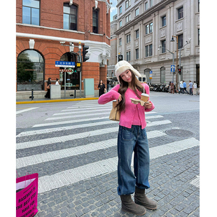 tingtings 蓝色复古牛仔裤女秋季新款四面弹微喇裤子宽松阔腿裤