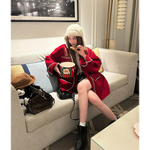 tingtings 红色双面呢羊绒大衣女秋冬新款 小香风高端气质毛呢外套