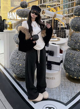 tingtings 慵懒抓绒休闲裤女冬季加厚保暖宽松阔腿裤软糯运动裤子