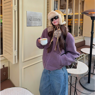 tingtings 紫色环保羊羔绒毛领外套女冬季新款保暖拉链毛毛上衣