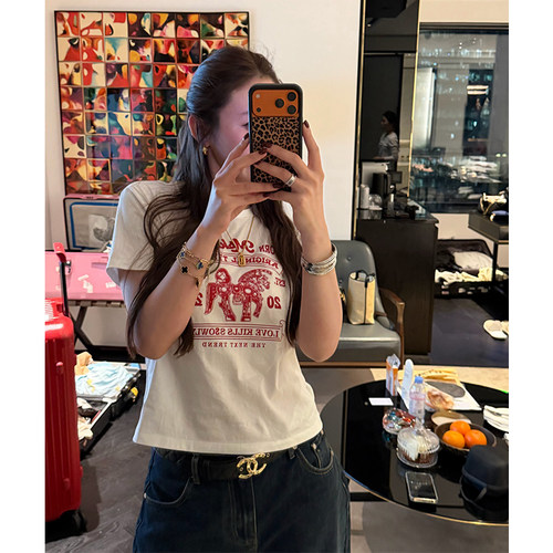 白色正肩短袖T恤女早春印花上衣