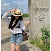 白色印花长袖 t恤女秋季 新款 tingtings 宽松防晒打底衫 舒适上衣