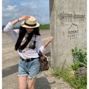 宽松防晒打底衫 tingtings 新款 t恤女秋季 舒适上衣 白色印花长袖