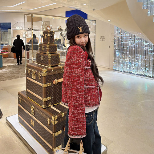 红色羊毛粗花呢小香风外套女春