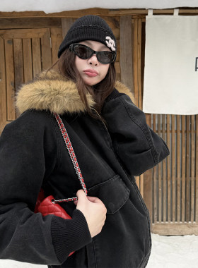 复古水洗棉布毛领棉服外套女保暖