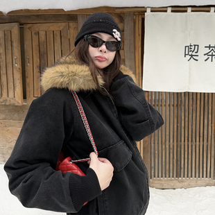 tingtings 黑色水洗布毛领棉服外套女冬季新款保暖夹棉夹克上衣