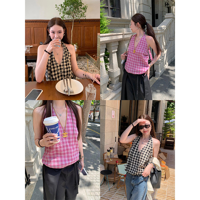 tingtings 粉色系带格子V领吊带背心女夏季小性感露背无袖上衣