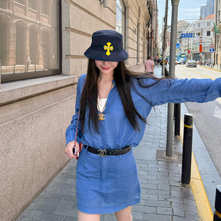 tingtings 蓝色天丝苎麻衬衫短裙套装女夏季新款宽松长袖防晒上衣