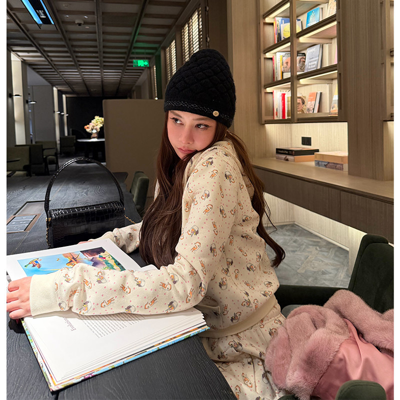 tingtings 可爱小鹿印花连帽卫衣套装女秋冬加绒外套宽松休闲卫裤