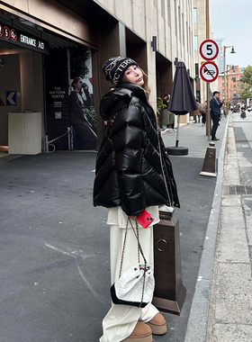 tingtings 黑色保暖90白鸭绒亮面羽绒服女款冬季新款高级加厚外套