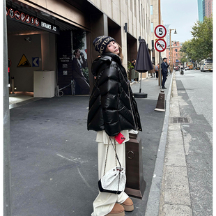 新款 冬季 高级加厚外套 黑色保暖90白鸭绒亮面羽绒服女款 tingtings