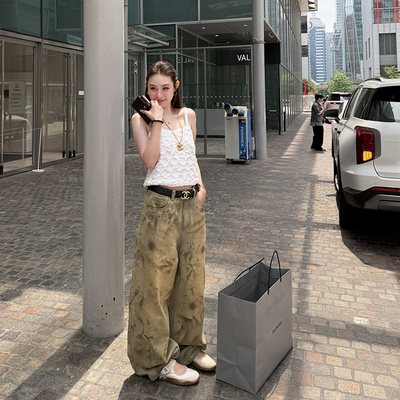 tingtings rose同款复古涂鸦脏脏牛仔裤女夏季松弛长裤宽松阔腿裤