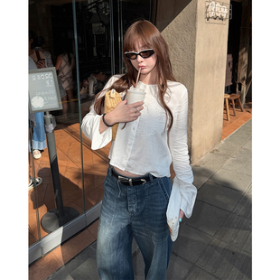 tingtings 白色重工刺绣长袖衬衫女夏季气质短款亚麻衬衣百搭上衣