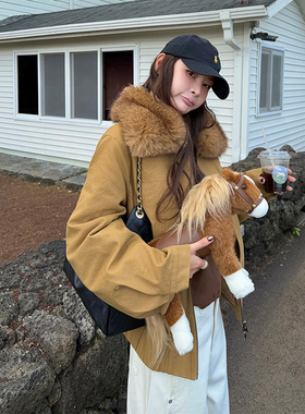 tingtings 真狐狸毛领90白鸭绒羽绒服外套女冬季高级保暖夹克上衣