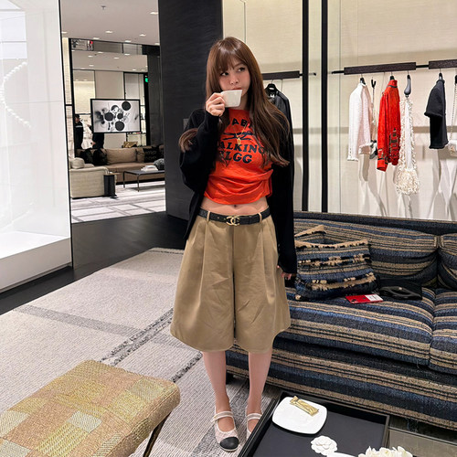 卡其色显瘦中裤女宽松休闲裤子