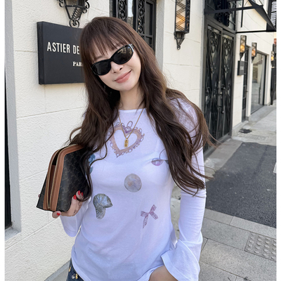 莱赛尔羊毛混纺印花长袖t恤女