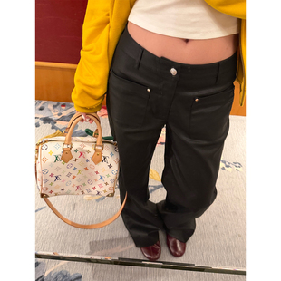 tingtings 黑色气质低腰裤子PU皮裤女秋冬宽松休闲阔腿裤时髦长裤
