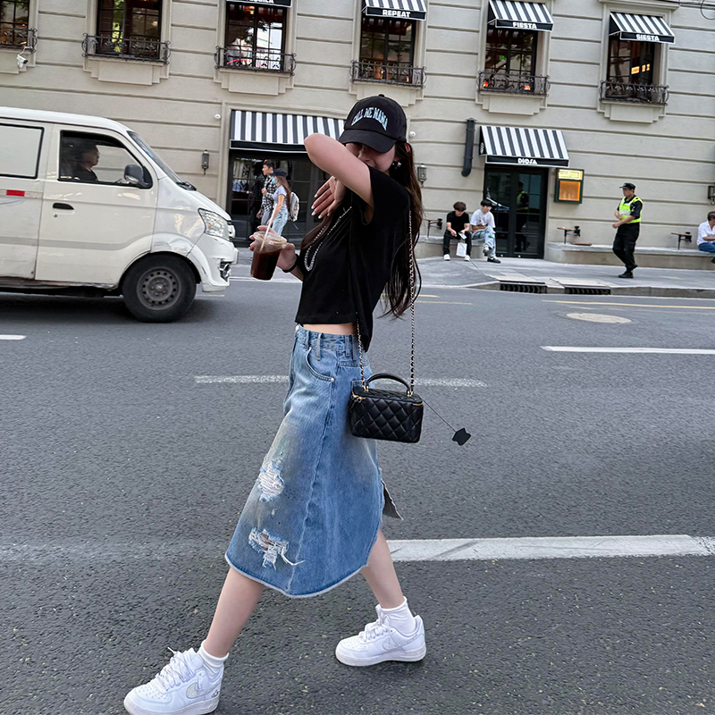 tingtings 时髦小众 做旧破洞开叉牛仔半身裙女夏季复古中长裙