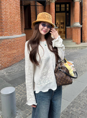 tingtings 重工刺绣白色长袖羊毛开衫女早秋设计感气质针织上衣